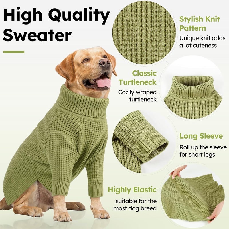 Queenmore Turtleneck Long Sleeve Knitted Sweater with Check Pattern, Fall Winter Warm Sweaters for Small to Large Dogs and Cats, Green - Image 2